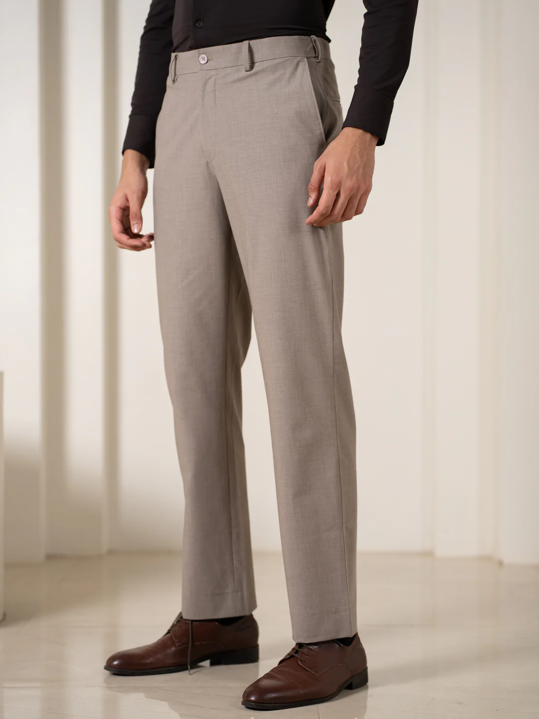 Muted Khaki Relaxed Fit Stretch Formal Pants - Image 11
